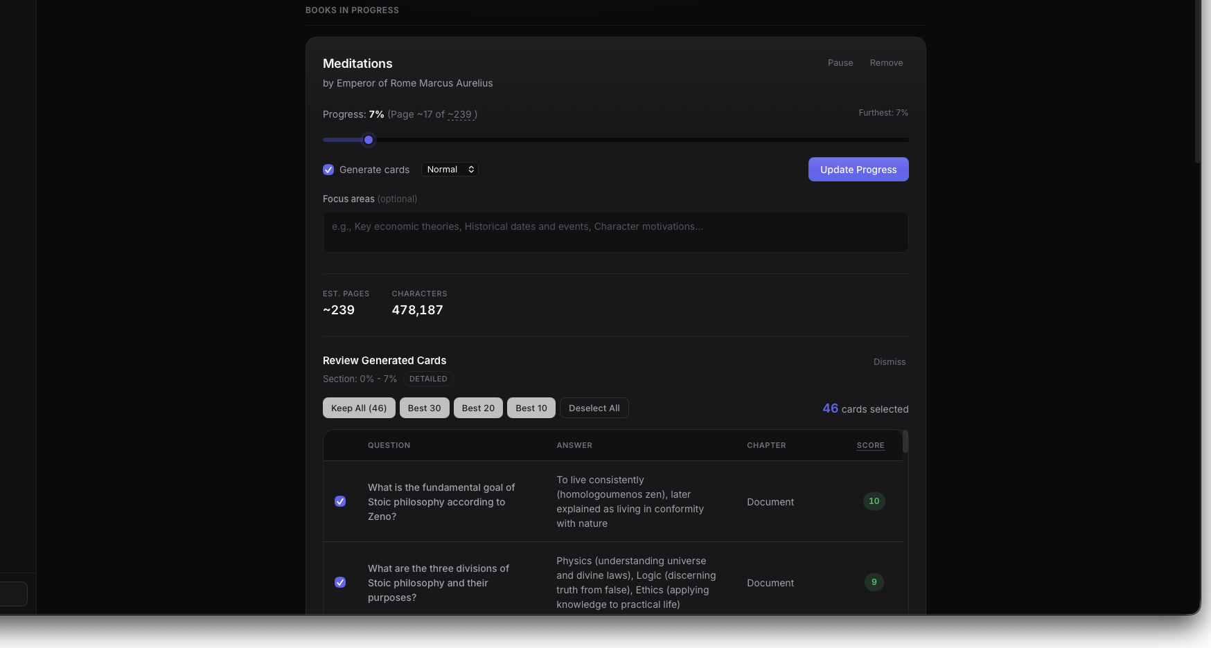 ReadRecall app showing library with generated flashcards